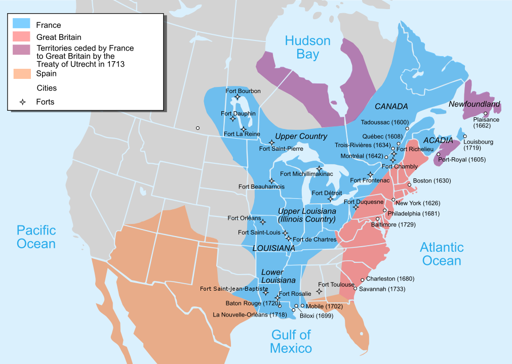 Map of settlements in North America in 1750